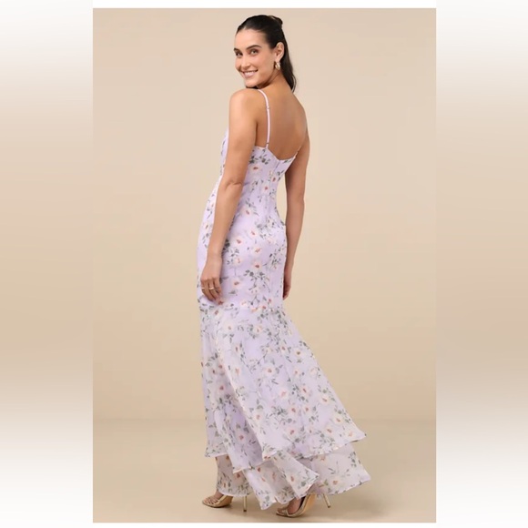 Lulus Pure Splendor Lavender Floral Organza Trumpet Maxi Dress Purple - Size S - Picture 2 of 3